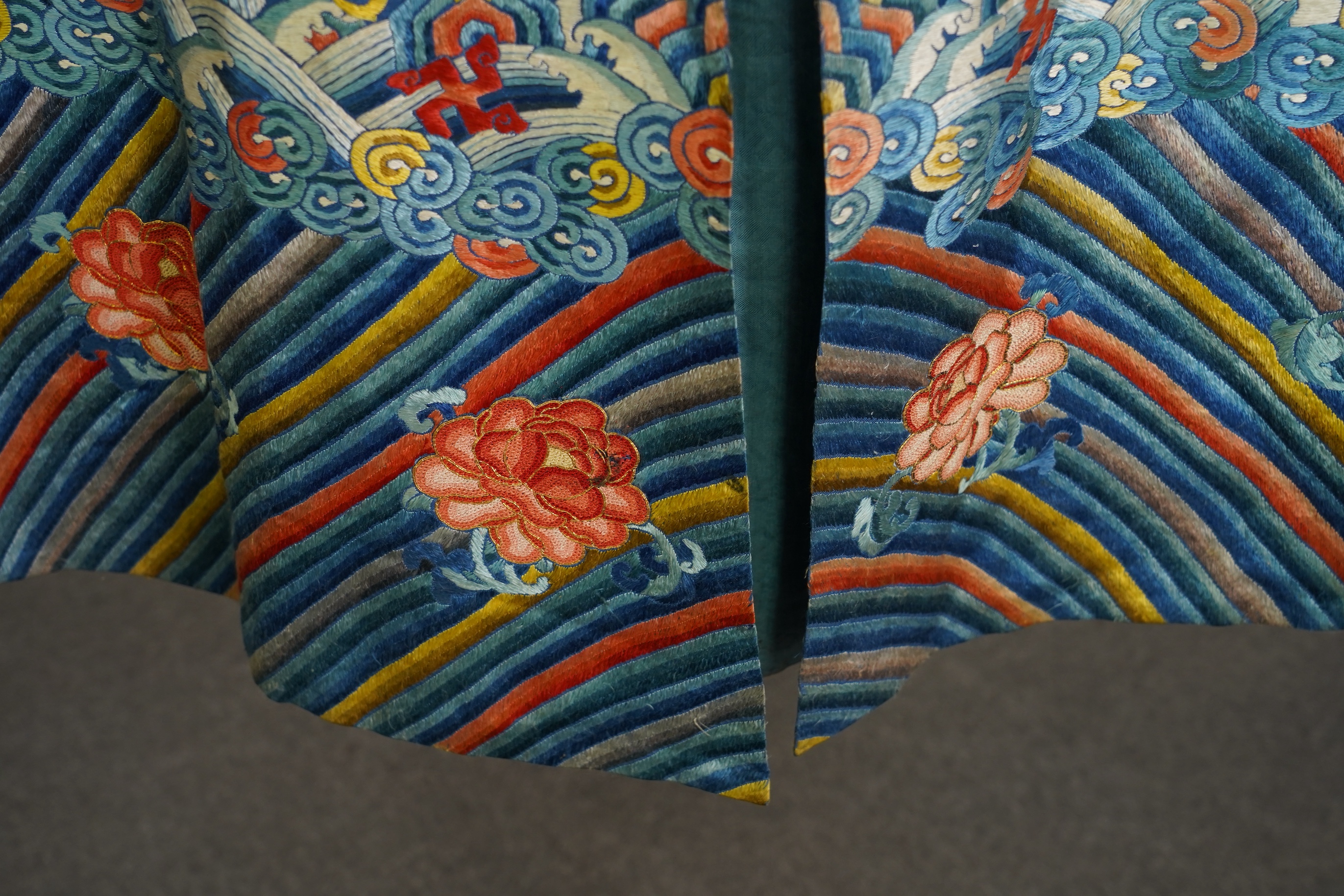 A Chinese blue silk man’s dragon robe, jifu, 19th century